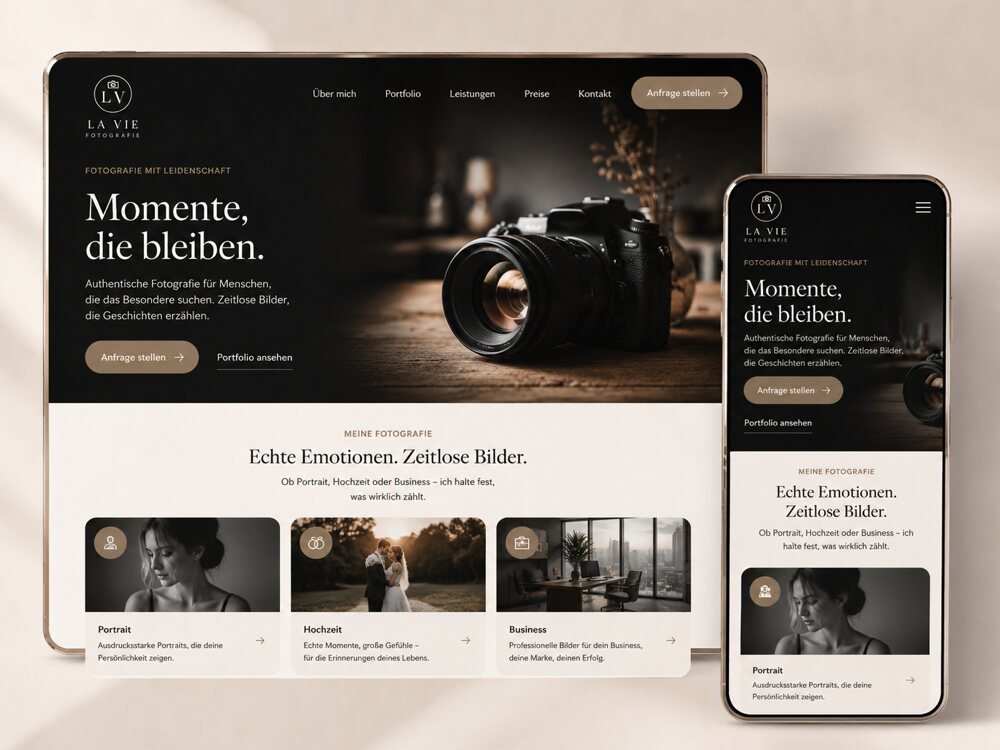 Beispiel einer Fotografie-Website, gestaltet mit Seitenwirkung – dargestellt auf Tablet und Smartphone