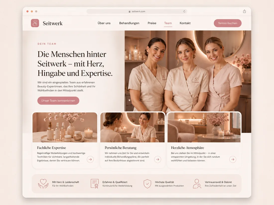 Website für Beauty & Wellness: Dein Team – Beispielseite mit Seitenwirkung