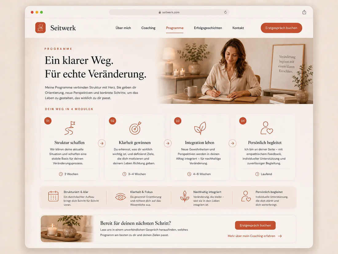 Website für Coaching & Beratung: Dein Programm – Beispielseite mit Seitenwirkung