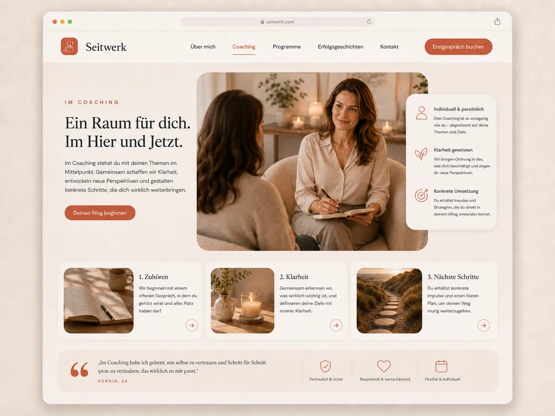 Website für Coaching & Beratung: Der Coaching-Raum – Beispielseite mit Seitenwirkung