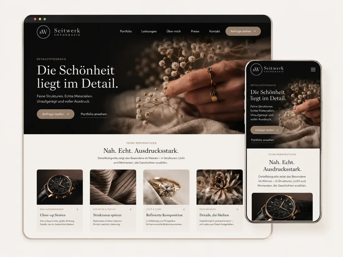 Website für Fotografie: Detail & Produkt – Beispielseite mit Seitenwirkung