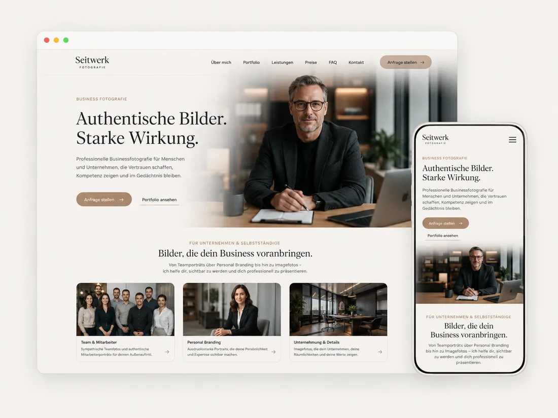 Website für Fotografie: Business & Team – Beispielseite mit Seitenwirkung