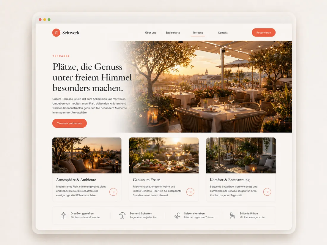 Website für Gastronomie: Terrasse & Außenplätze – Beispielseite mit Seitenwirkung