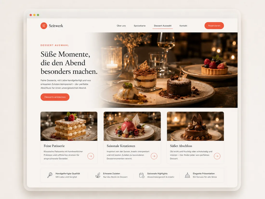 Website für Gastronomie: Desserts & Süßes – Beispielseite mit Seitenwirkung