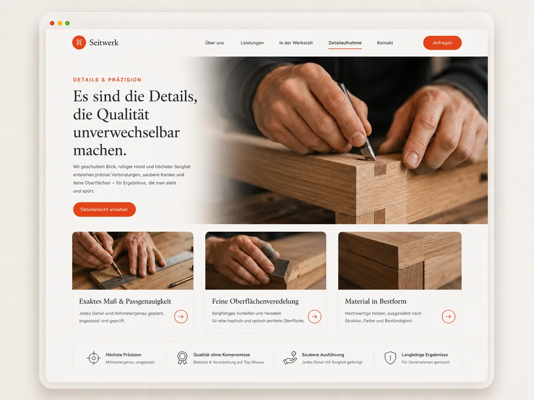 Website für Handwerksbetriebe: Detail & Präzision – Beispielseite mit Seitenwirkung