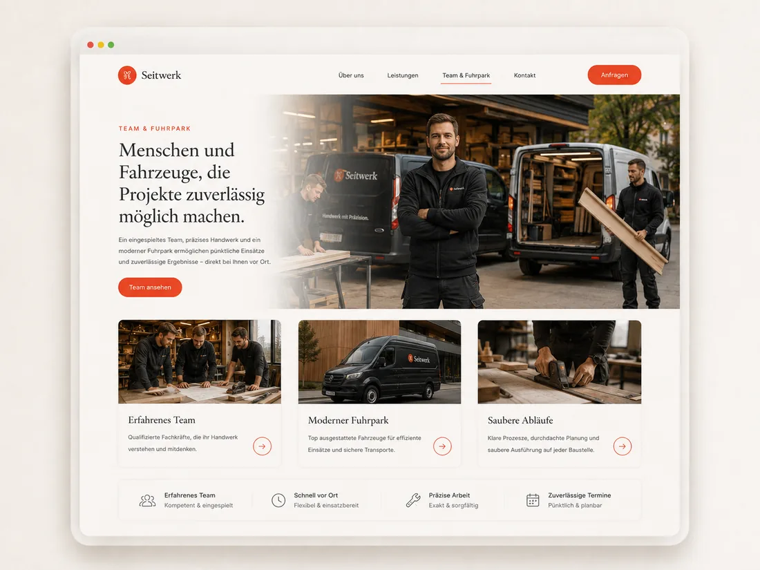 Website für Handwerksbetriebe: Team & Fuhrpark – Beispielseite mit Seitenwirkung